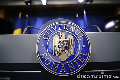 Romaniaâ€™s emblem with the Romanian government text Stock Photo